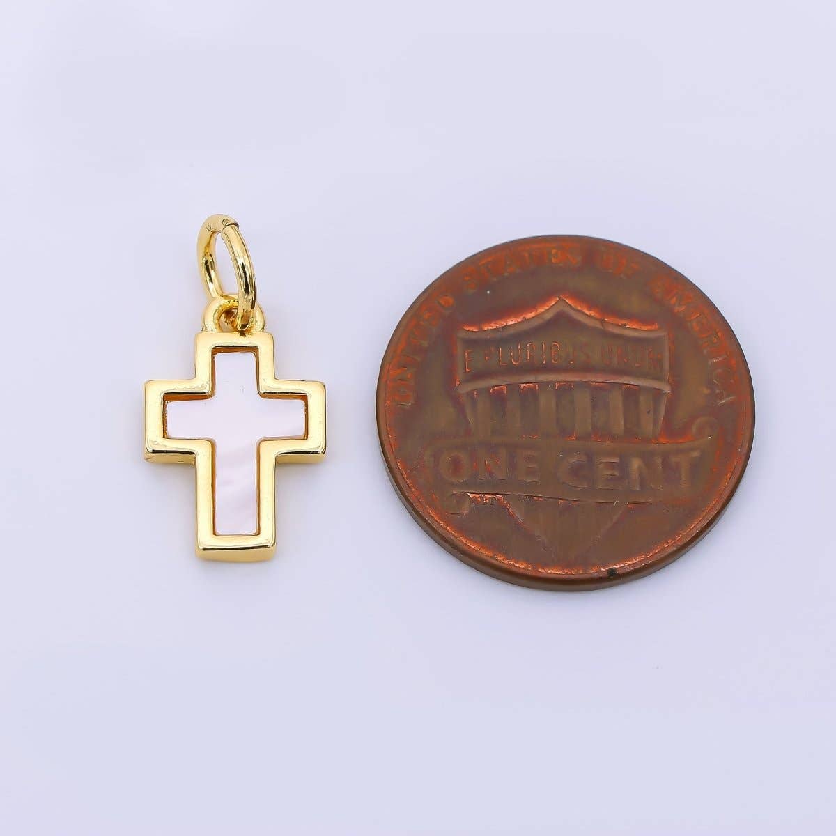 24K Gold Filled 14mm Shell Pearl Religious Christian Cross Bezel Charms | AH564
