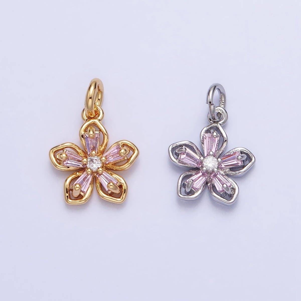 Gold, Silver Pink Baguette CZ Flower Petal Mini Add-On Charm | AC939 AC940