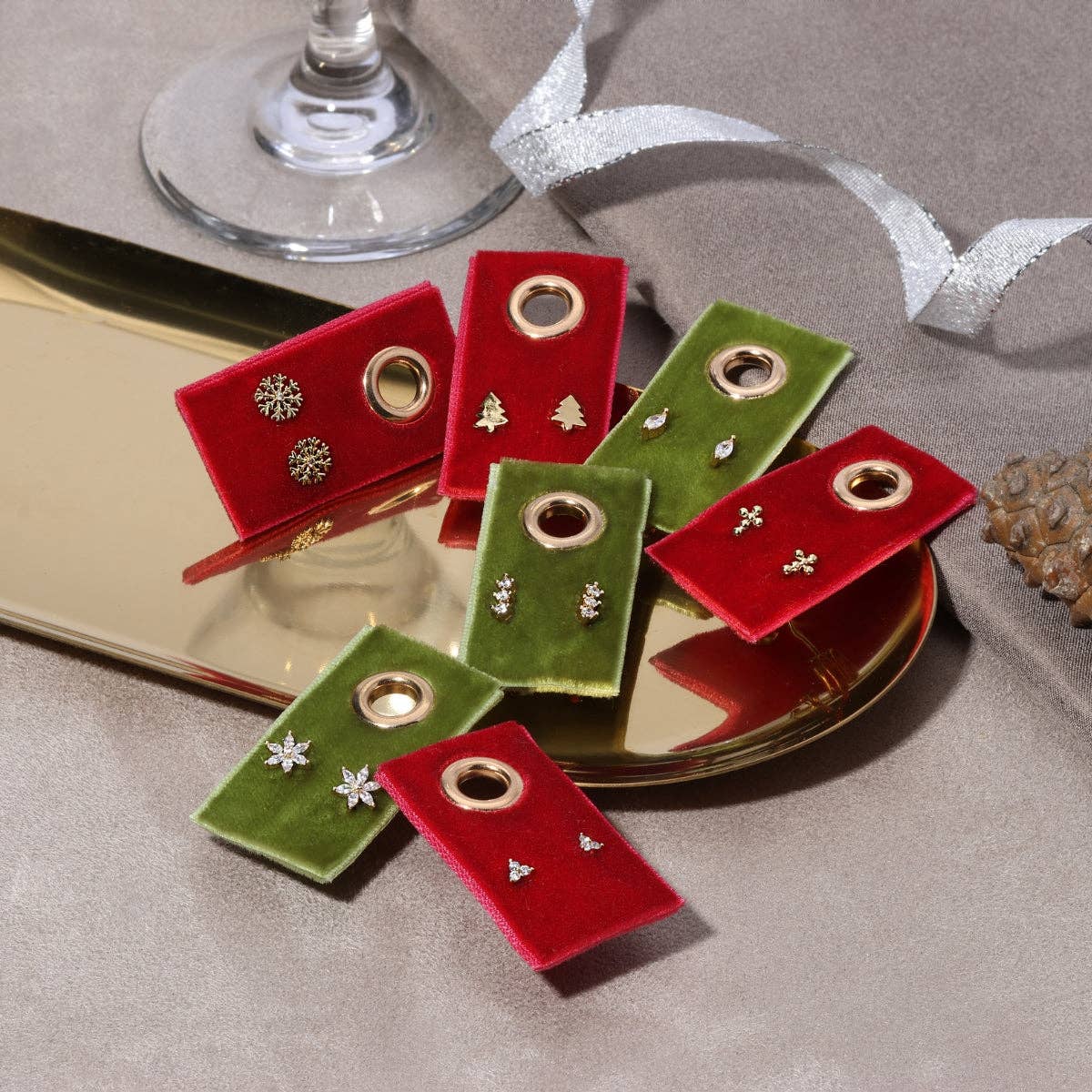 Delicate Triple Cluster Stud Earrings on Red Velvet Tag