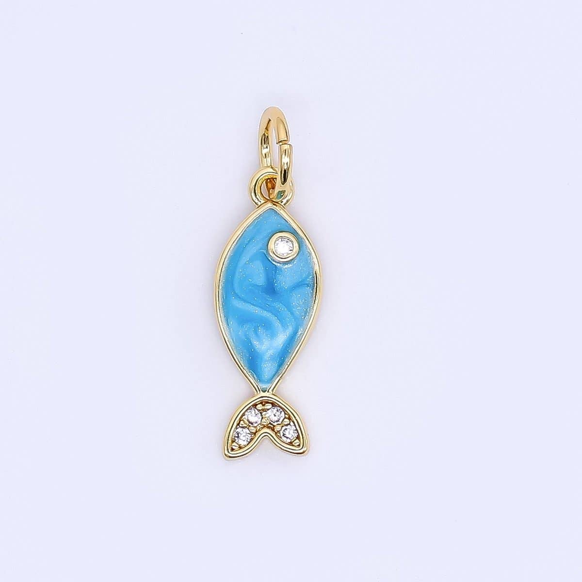 24K Gold Filled 16mm Micro Paved CZ Ocean Tiny Fish Enamel Charm | W167