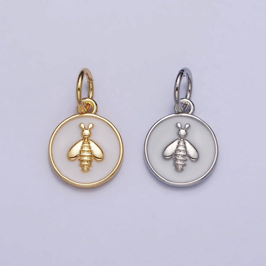 Gold, Silver Bumble Queen Bee White Enamel Round Charm | AC990 AC991