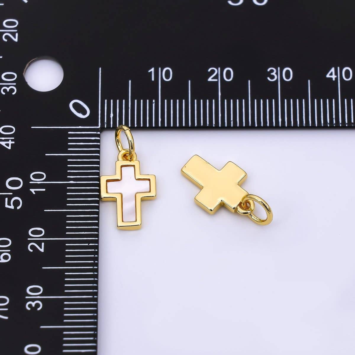 24K Gold Filled 14mm Shell Pearl Religious Christian Cross Bezel Charms | AH564