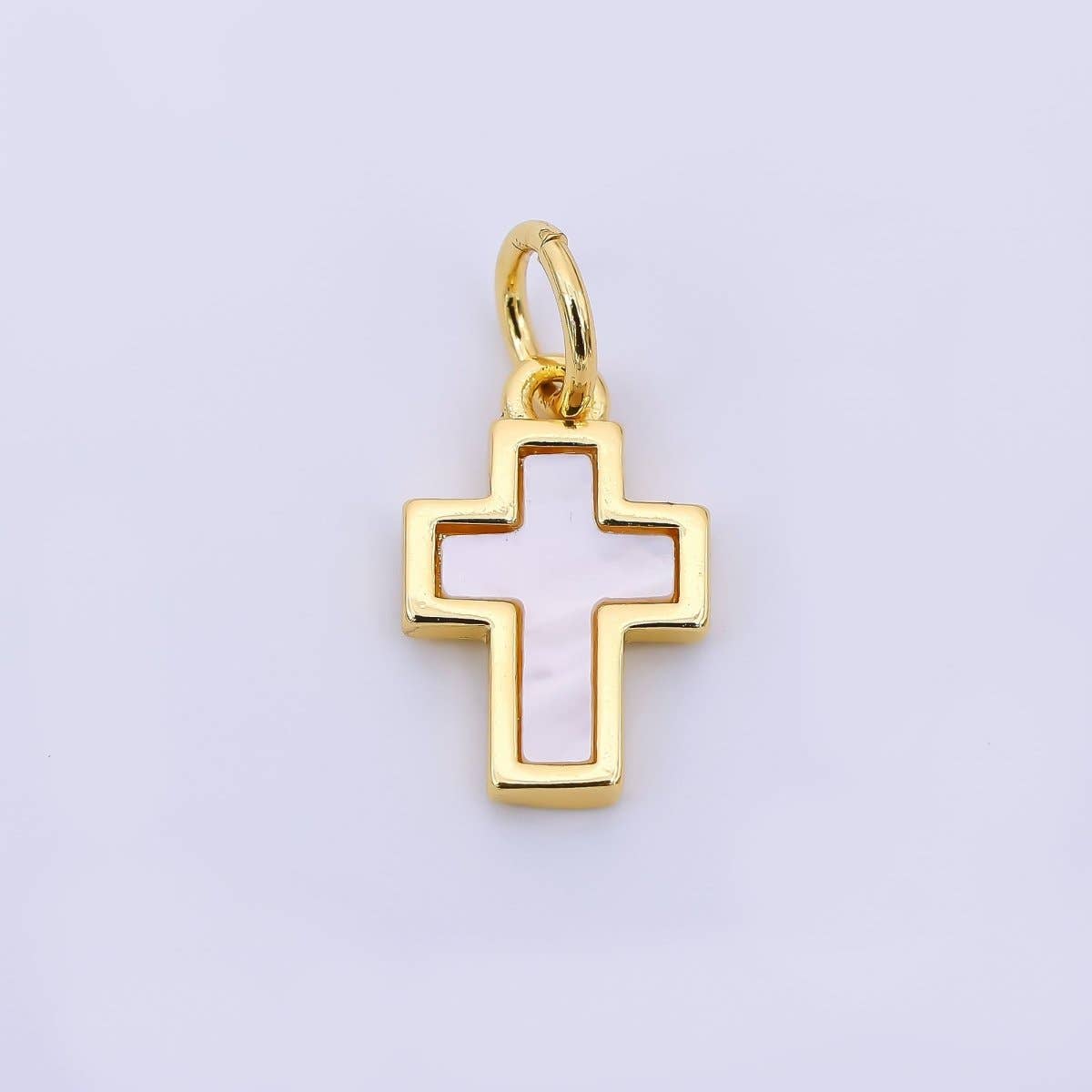 24K Gold Filled 14mm Shell Pearl Religious Christian Cross Bezel Charms | AH564