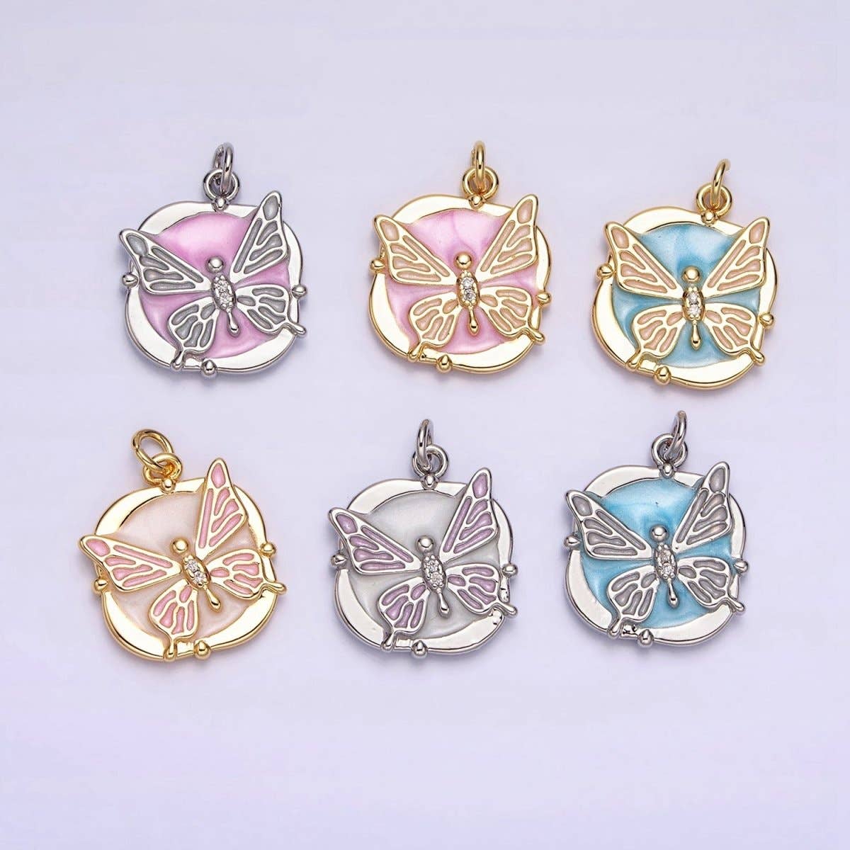 16K Gold Filled Butterfly White, Pink, Blue Sparkly Enamel Round Square Charm in Gold & Silver | AC1549 - AC1554