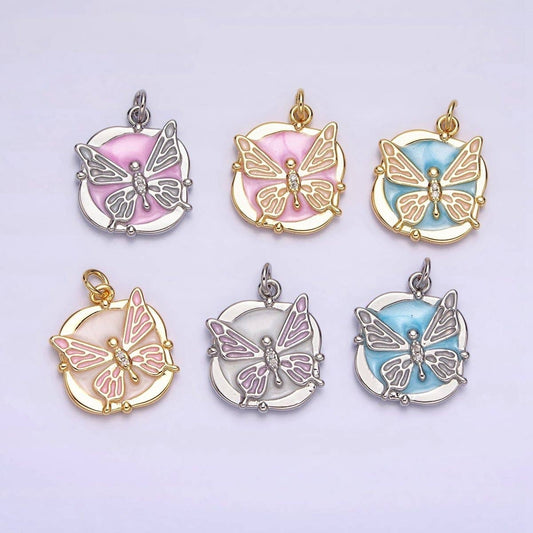 16K Gold Filled Butterfly White, Pink, Blue Sparkly Enamel Round Square Charm in Gold & Silver | AC1549 - AC1554