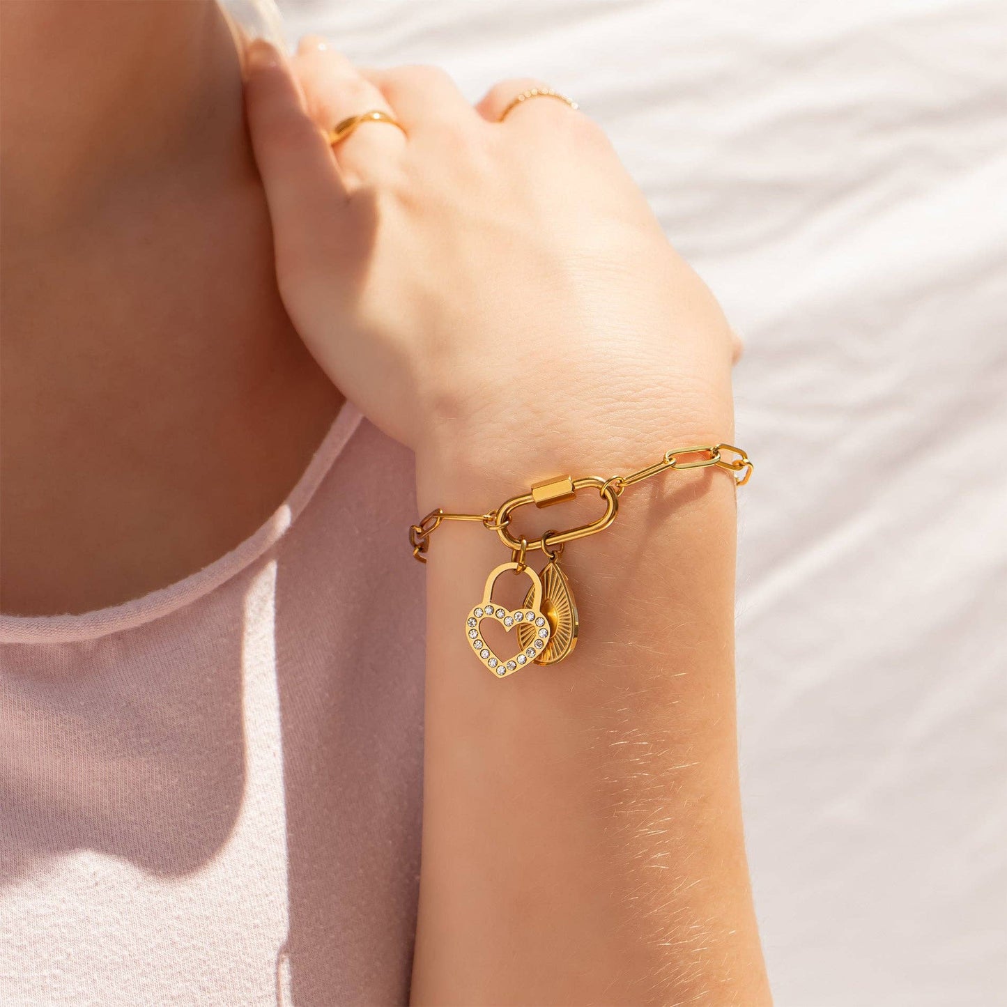 18K Gold PVD Stainless Steel Paperclip Carabiner Bracelet