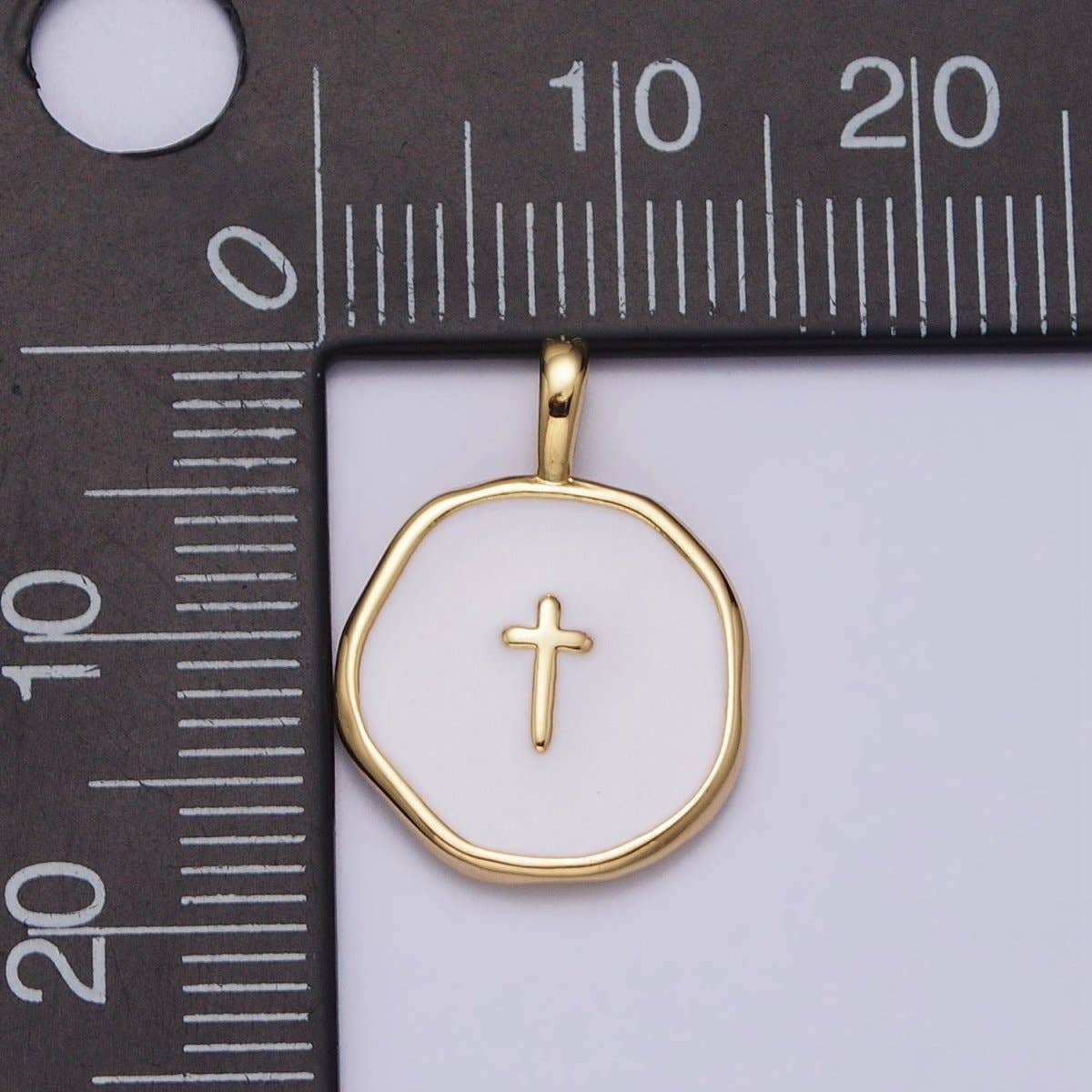 Gold, Silver Religious Latin Cross White Enamel Round Stamped Charm | AG-025 AC1139
