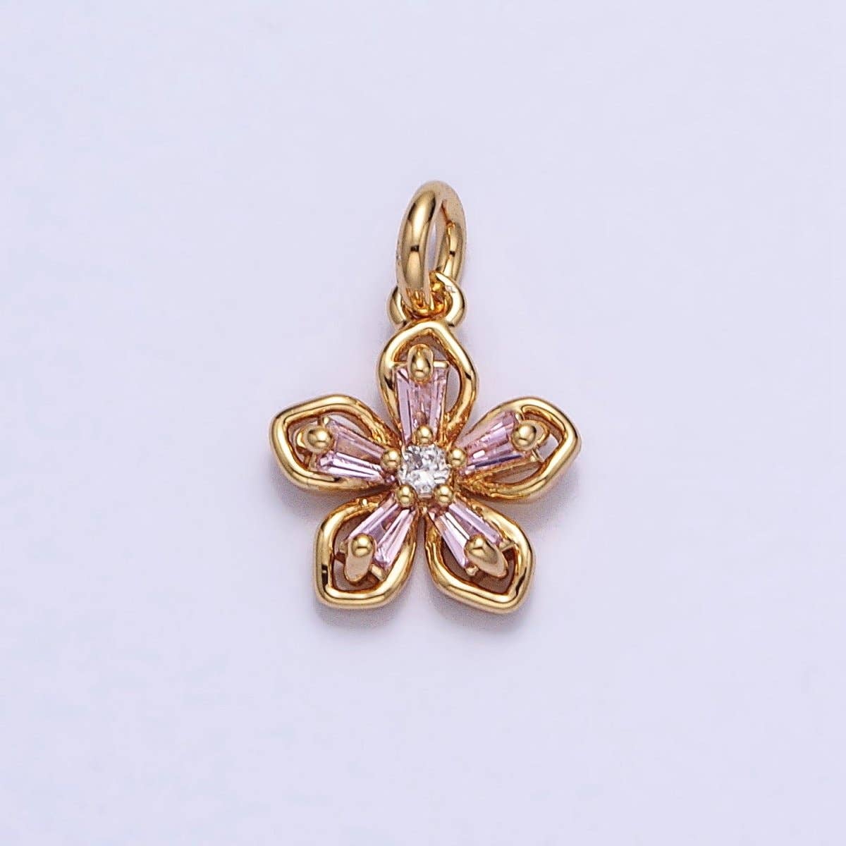 Gold, Silver Pink Baguette CZ Flower Petal Mini Add-On Charm | AC939 AC940