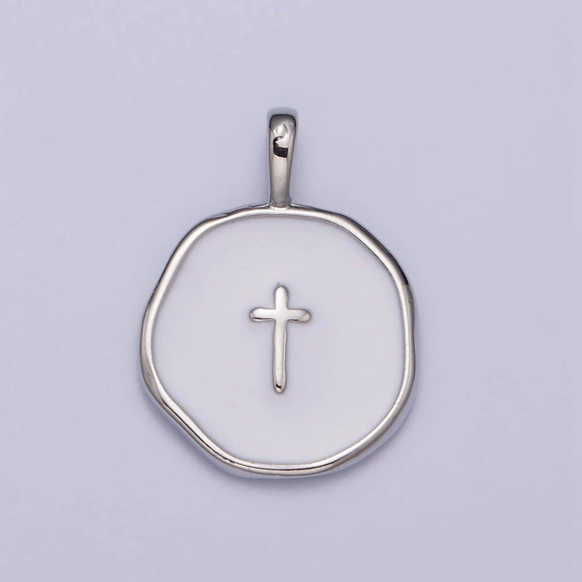Gold, Silver Religious Latin Cross White Enamel Round Stamped Charm | AG-025 AC1139