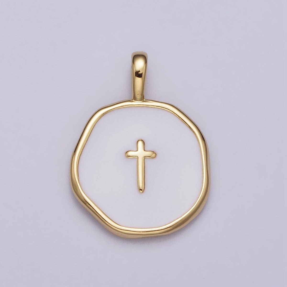 Gold, Silver Religious Latin Cross White Enamel Round Stamped Charm | AG-025 AC1139